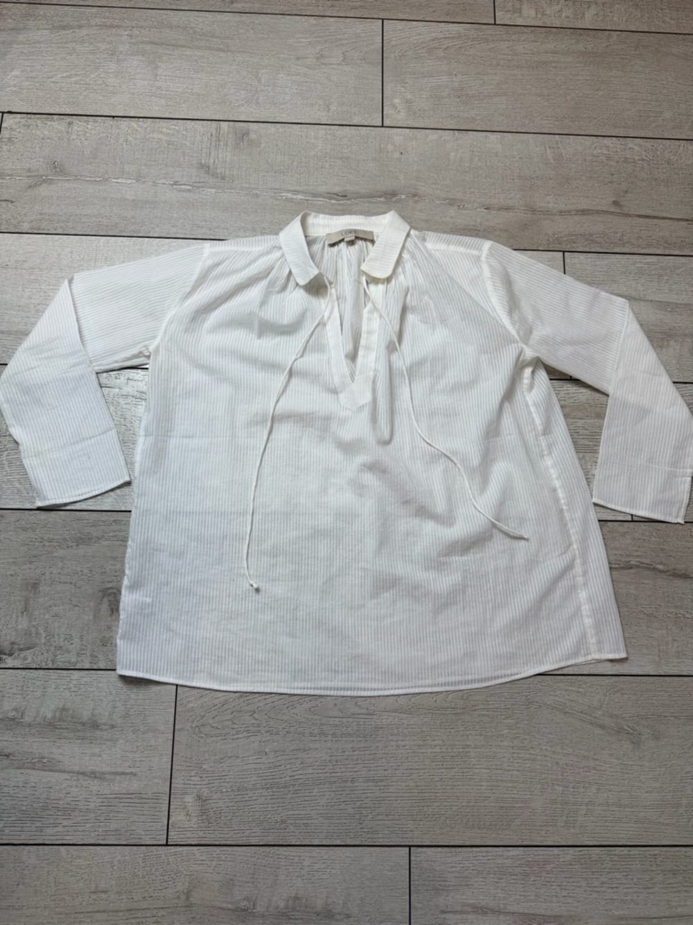 LOFT White Sheer Stripe Blouse XS – Tie Neck Lightweight Boho Top